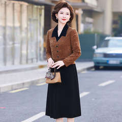2025春の新型お母さんの長袖のワンピースのファッション的な洋風の中で老年の婦人服の50歳の偽の2つのスカートの女性