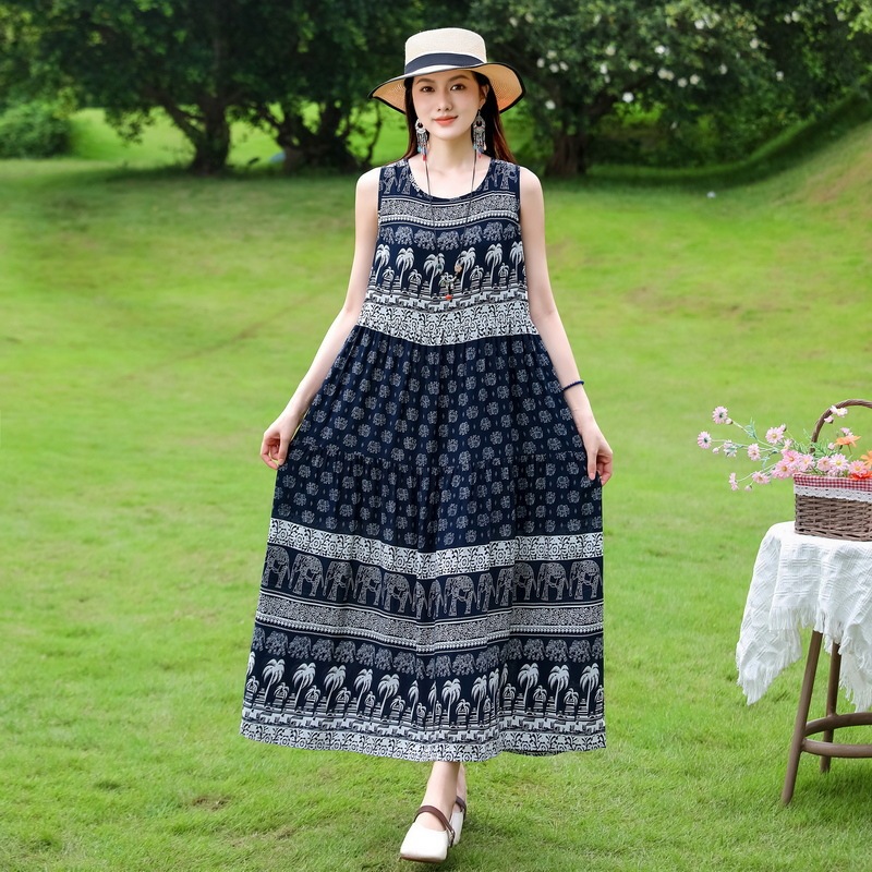 ノースリーブの若い女性の綿シルクドレス夏の海辺の休暇プラスサイズの膝丈ビーチドレス|undefined