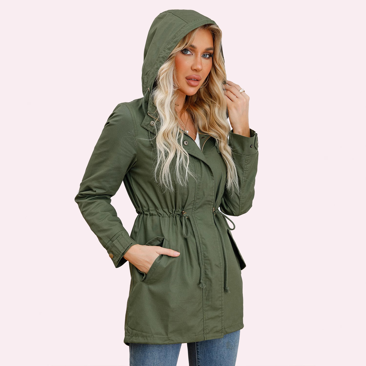 2025 New Cotton Hooded Windbreaker Women's Spring & Fall Outwear European and American Large Size Loose Pure Color Clothing Cross-Border Women's Clothing