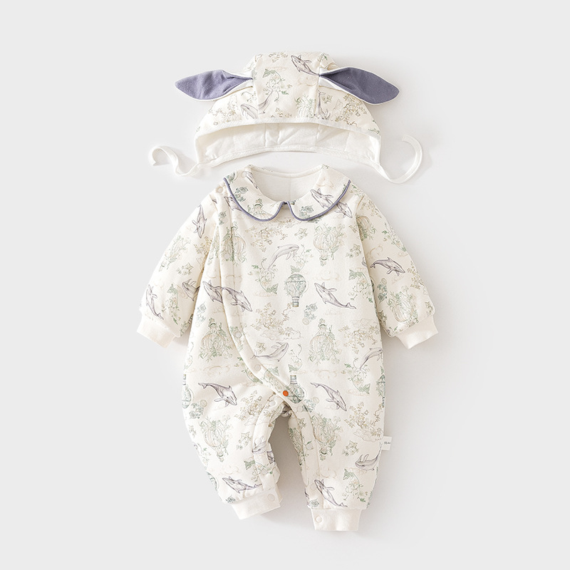 Baby Jumpsuit 120g Plus Cotton Baby Quilted Autumn and Winter Outing Thin Cotton Thickeneded Hooded Crawler Suit for Kidsren