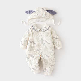 婴儿连体衣120克加棉宝宝夹棉秋冬外出哈衣薄棉加厚连帽爬服儿童