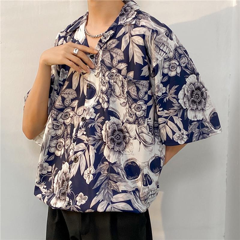 Skull flower plus size old gun short sleeve Cuban collar fat flower shirt Japanese retro men and women Thai Hawaiian fashion
