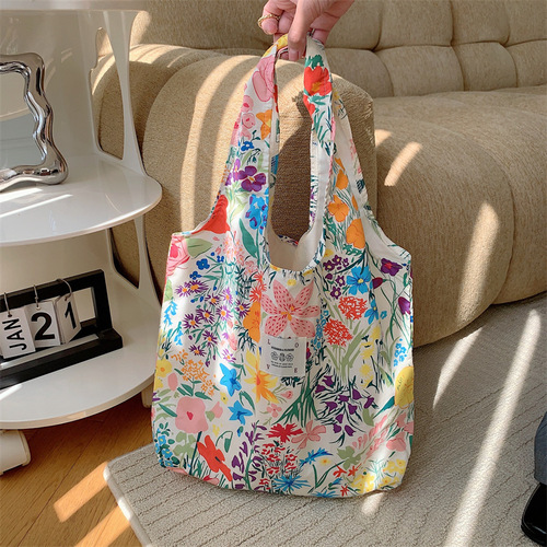35204 Summer ins floral high-end canvas bag small fresh large capacity vest bag shopping shopping bag