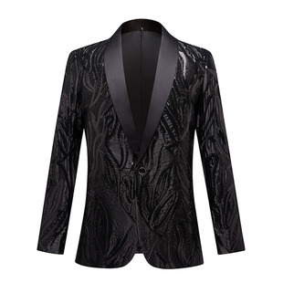 Men's fashionable black satin sequined slim-fit green collar suit jacket host singer annual meeting costume single West
