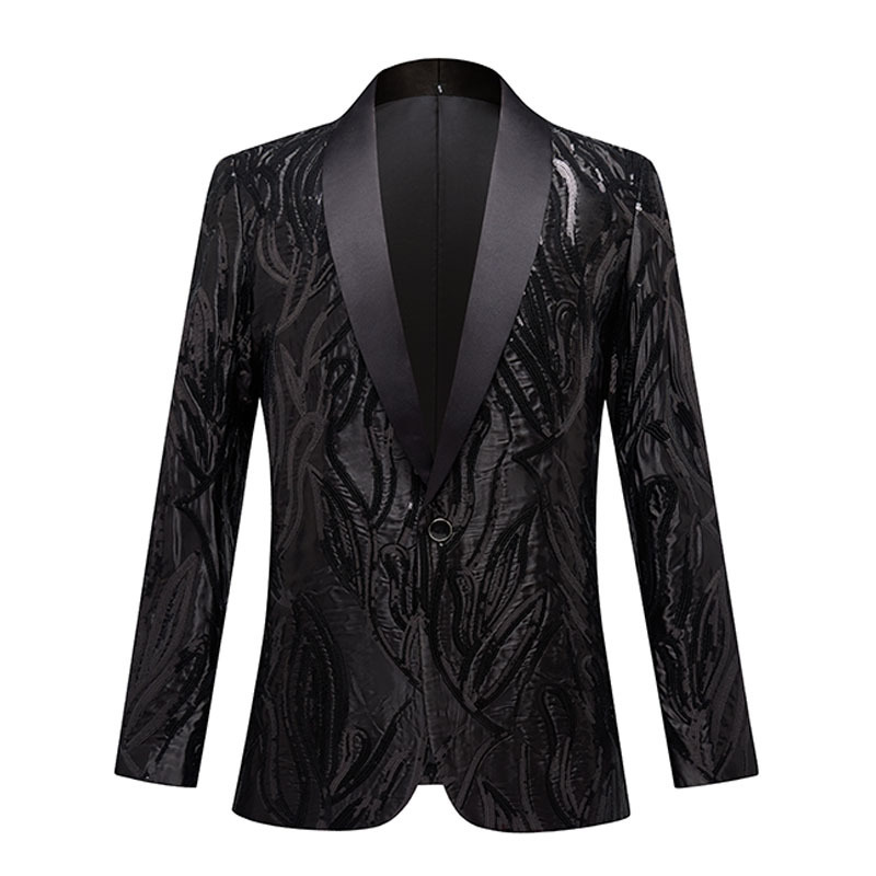 Men fashion black satin shawl collar sequins cultivate one morality jackets host costumes single singer conference west