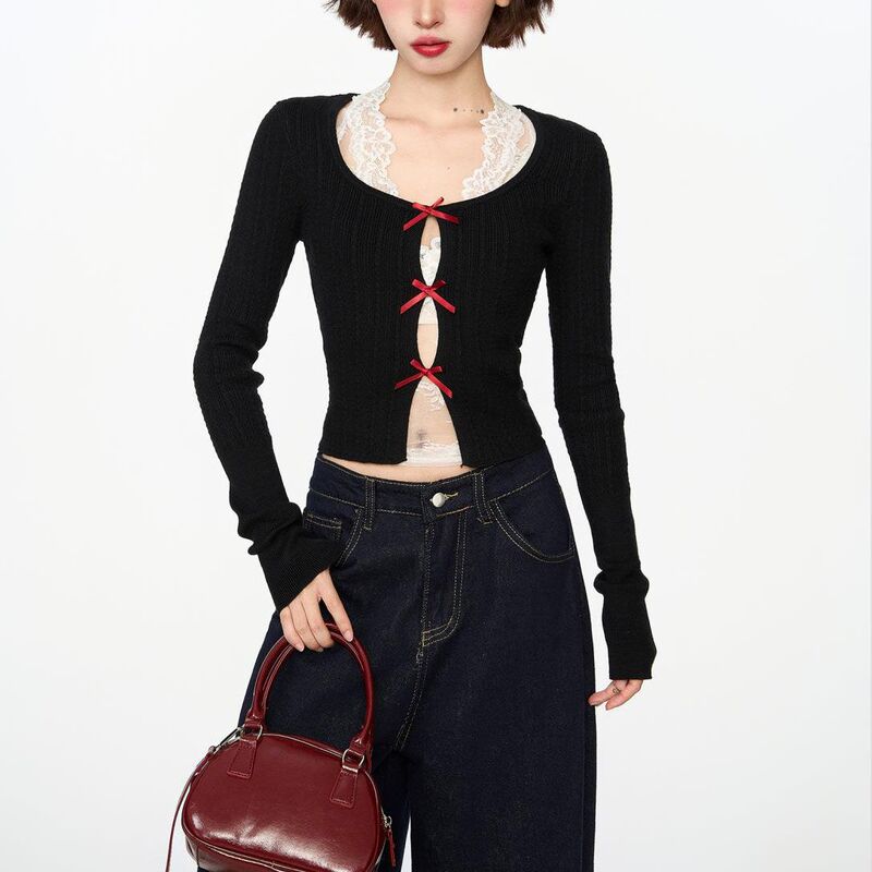 Black Bow Long-Sleeved Sweater 2025 Korean Style Spring and Autum Short Lace Inner Slim Fit Pure Desire Bottoming Top
