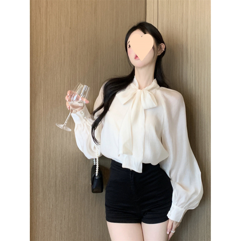 法式气质绑带蝴蝶结长袖衬衫女设计感小众别致衬衣上衣春秋季新款|undefined