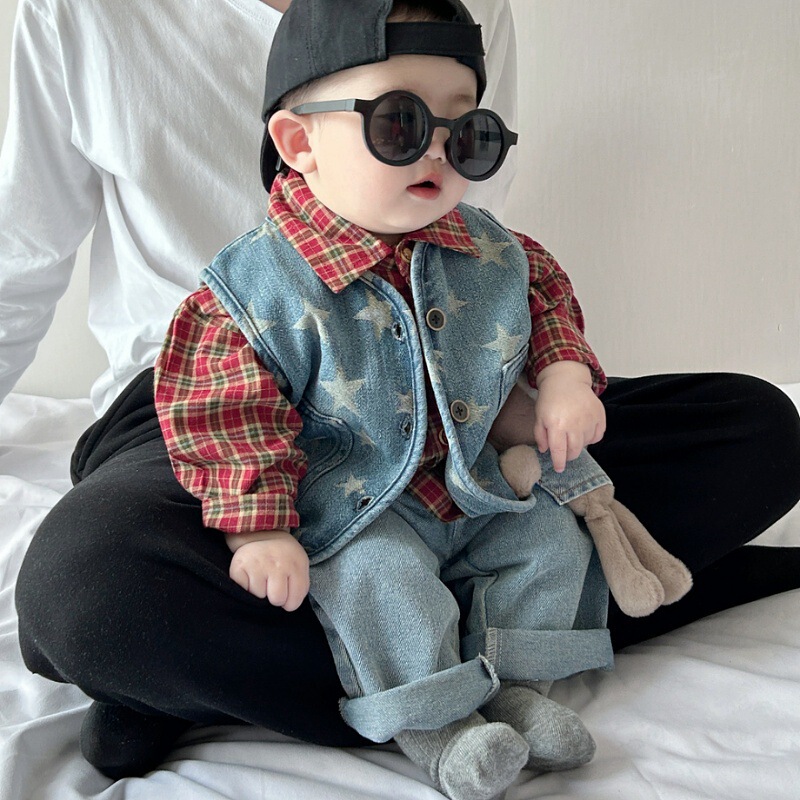 Korean style baby clothes spring and autumn boys' thin shirt + vest two-piece set children's out fried street spring clothes fashion