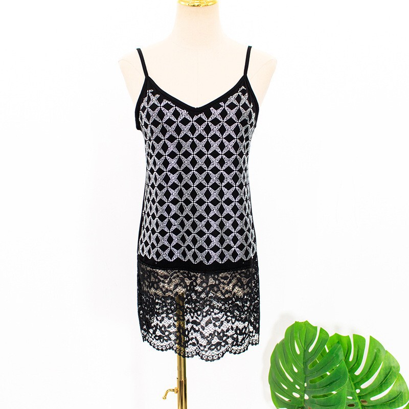 Clear stock Dilraba with black sexy sequins lace stitching vest strap sleeveless top