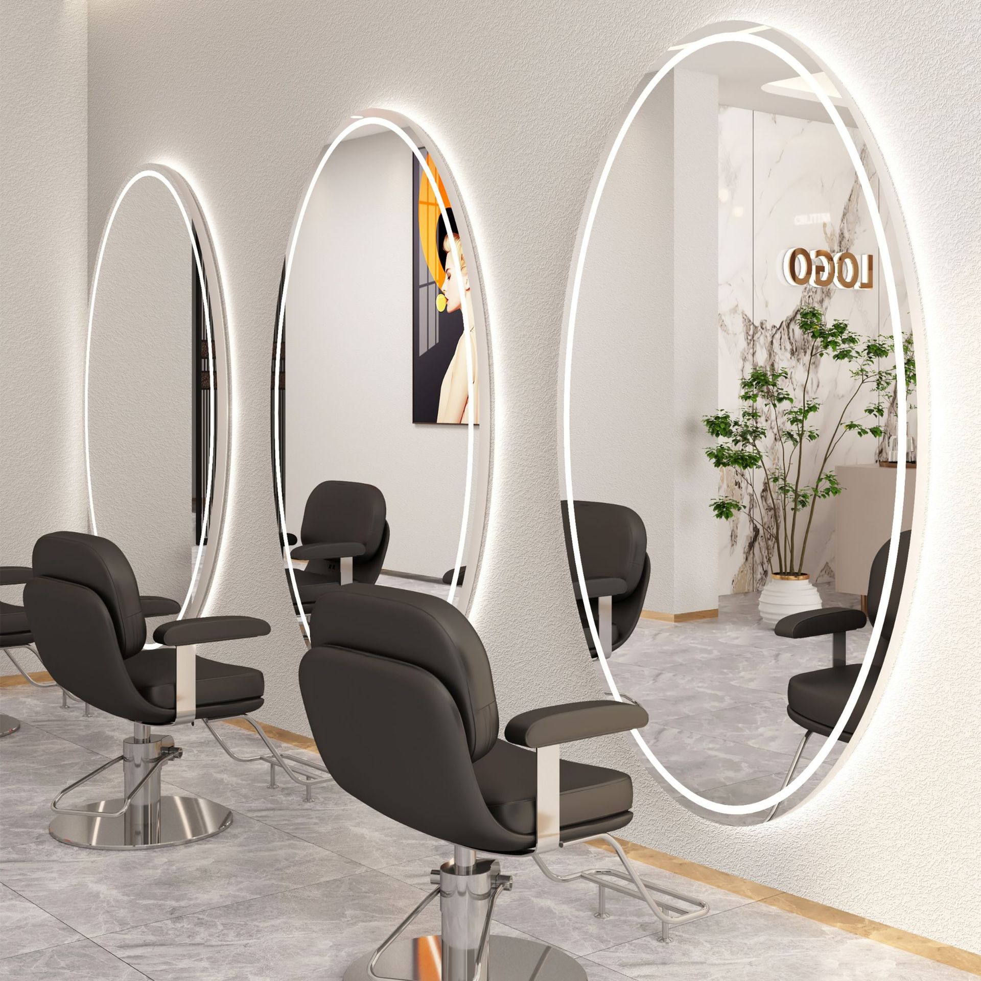 Peluquería de celebridades de Internet de alta gama Espejo de cuerpo completo para peluquería Espejo ovalado de una cara y doble cara con luz Mesa de espejo de piso para peluquería