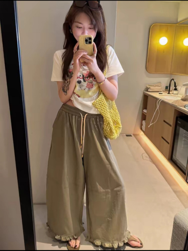 韩系松紧腰抽绳木耳花边休闲裤女2025秋季新款显瘦百搭阔腿直筒裤|undefined