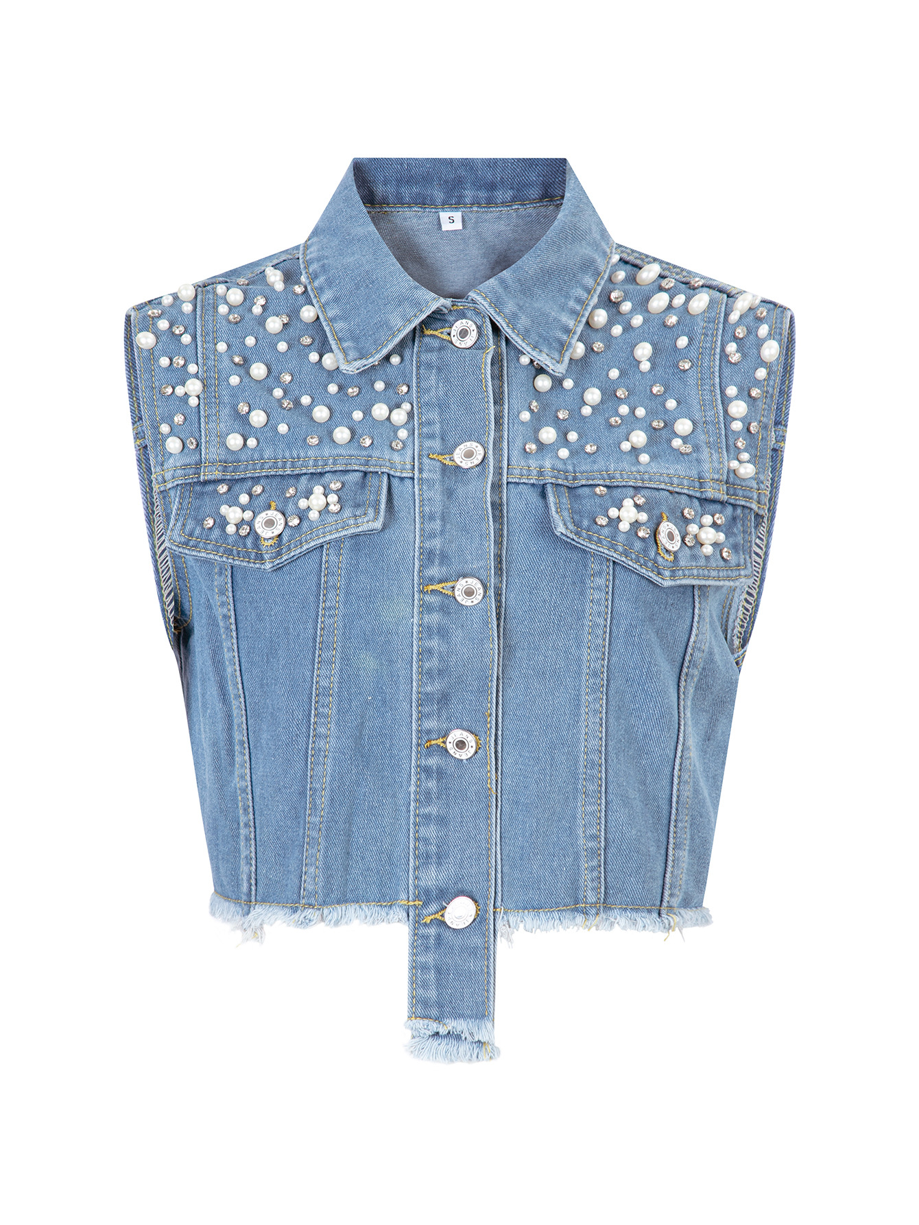 New Arrival Beaded Denim Vest Jacket For Women_voghion.com