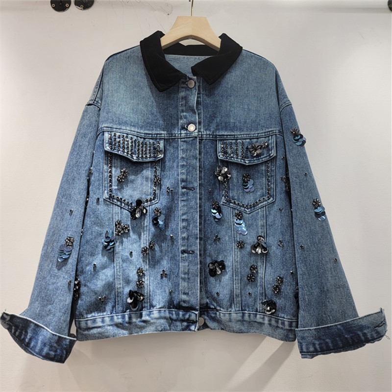 American simple High Street con solapa chaqueta de vaquero 2026 primavera suelta retro pesada con cuentas de clavos decoraciones de manga larga
