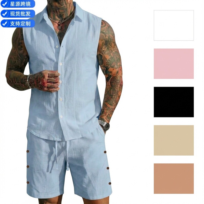 Cross-Border Amazon Summer Sleeveless Lapel Vest Shirt Set Men's Solid Color Linen Casual Beach Set