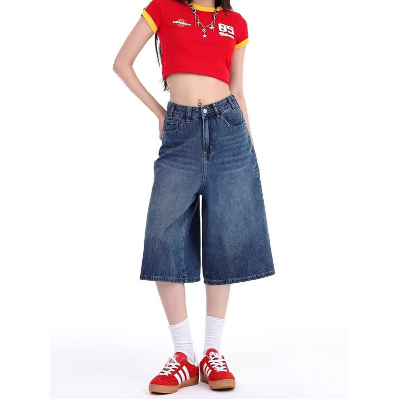 Nirben Denim | American Retro Wide-Leg Cropped Jeans for Men, Summer Washed Straight Loose Versatile Mid-Length Pants.