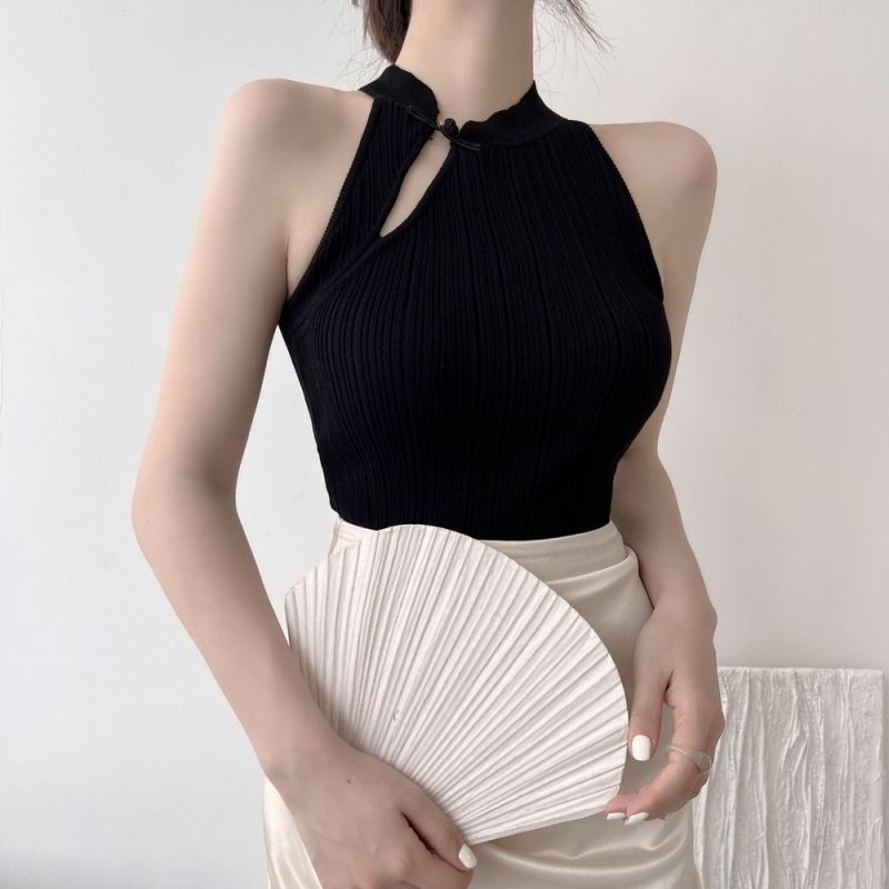 Hot Girl Top Women's Sleeveless Backless Neck Cheongsam Vest Summer Sexy Pure Desire Short Solid Color Slim-fit Women's Clothing
