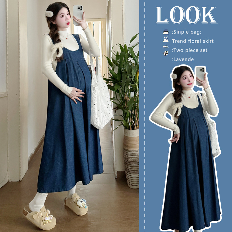 Autumn demi-season long denim suspenders for pregnant