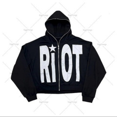 2025新款连帽衫长拉链连帽RiOT印花男女穿着拉链卫衣外套
