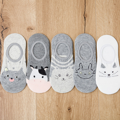 Women's Invisible Socks Women's Cotton Shallow Mouth Boat Socks Animal Thin Fun Cartoon White Socks Short Socks Cat