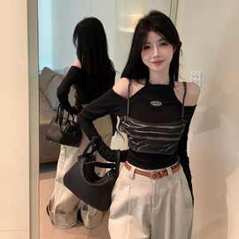 早秋新款女装设计感小众牛仔小吊带拼接假两件长袖露肩挂脖T恤上