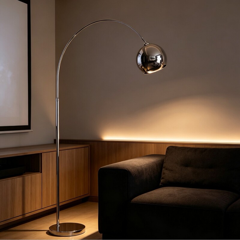 Modern minimalist, curved, light luxury, eye-friendly silver floor lamp, perfect for creating a sophisticated ambiance next to the living room sofa