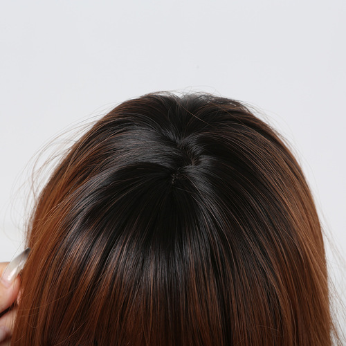 Cross-border hot selling women's wig 26inch full bangs black gradient brown long curly hair tail with inner button wig set
