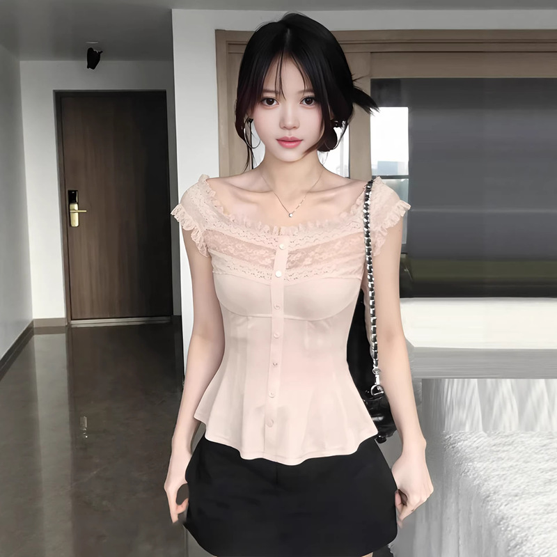 Girly Pure Desire Style Lace Patchwork Top for Women, Summer Slim-Fit Waist-Cinching Blouse, Korean Design, Inner Wear with Off-Shoulder T-Shirt Girly Pure Desire Style Lace Patchwork Top for Women, Summer Slim-Fit Waist-Cinching Blouse, Korean Design, Inner Wear with Off-Shoulder T-Shirt