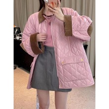 2022PU皮羽绒服菱形格撞色oversize爆款甜酷粉色廓形外套女欧货冬