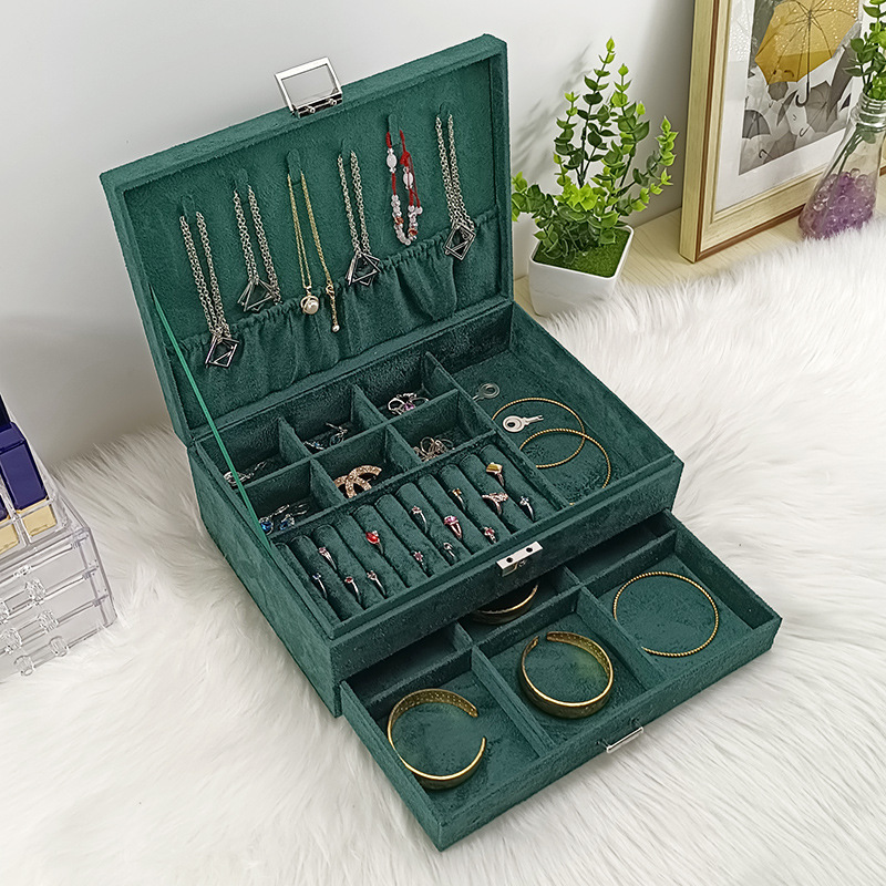 双层首饰盒麂皮绒布墨绿耳钉耳饰戒指项链珠宝饰品收纳盒跨镜复古