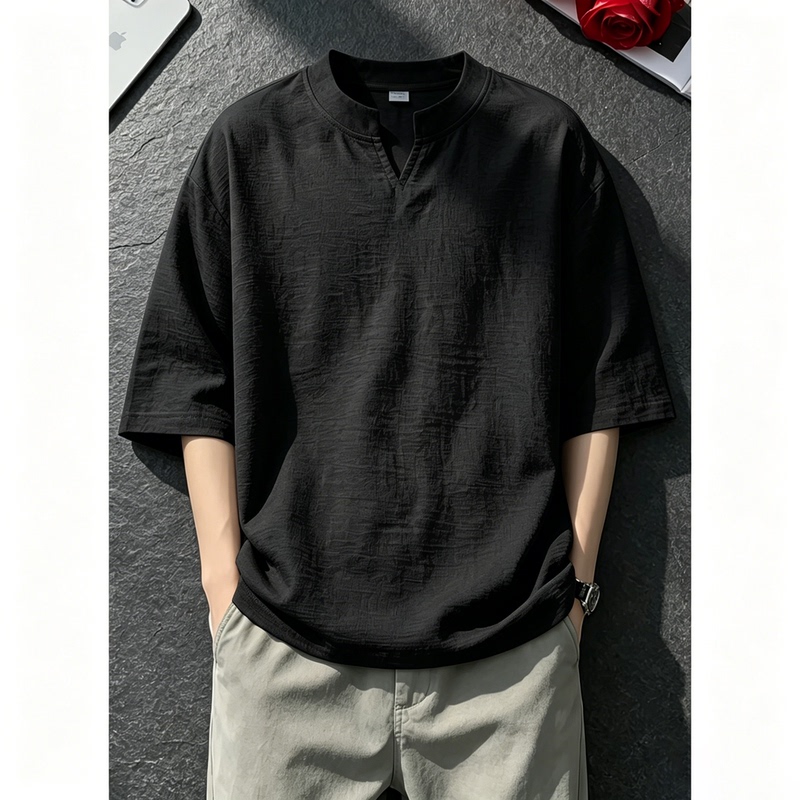 Apricot-colored Tencel linen-like V-neck short-sleeve men's summer thin breathable old money style T-shirt with a linen-like feel, quick-drying, regular shoulder, half-sleeve