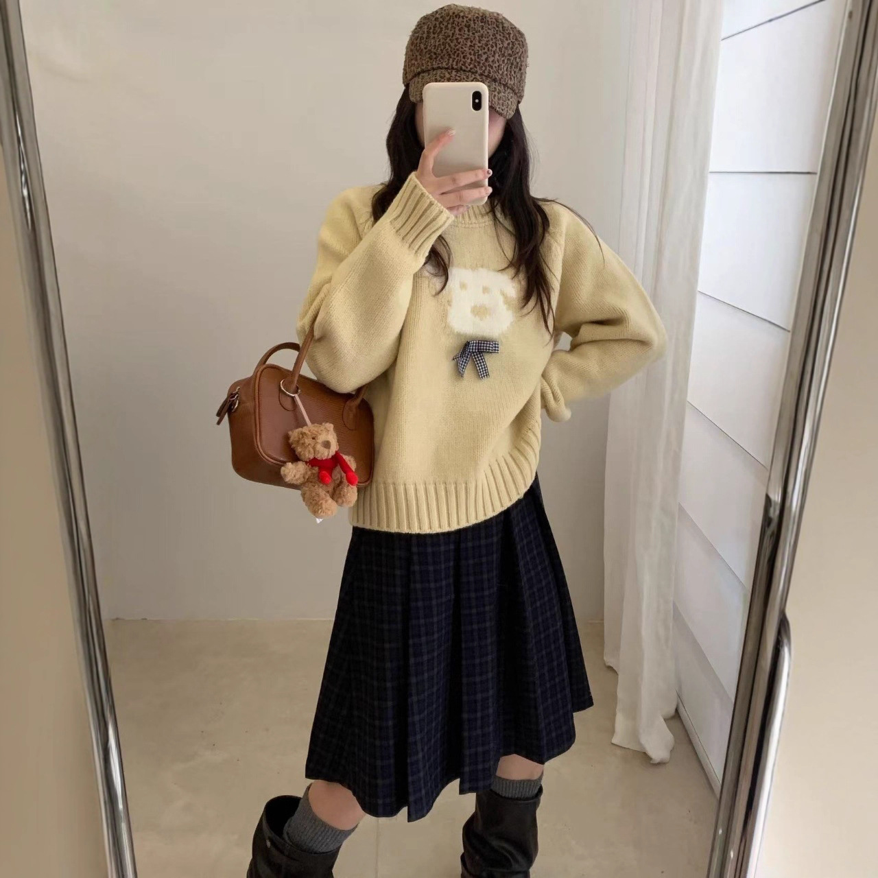 韩系提花套头卡通蝴蝶结小狗毛衣女秋冬新款宽松减龄慵懒风针织衫