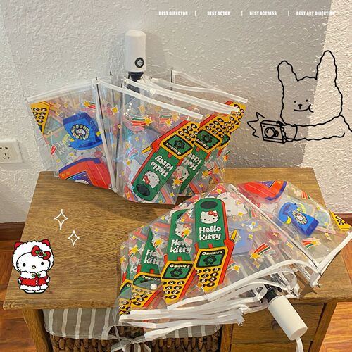 Xiaohongshu same style Hello Kitty retro cute girl umbrella long handle thickened fully automatic fashionable forest style