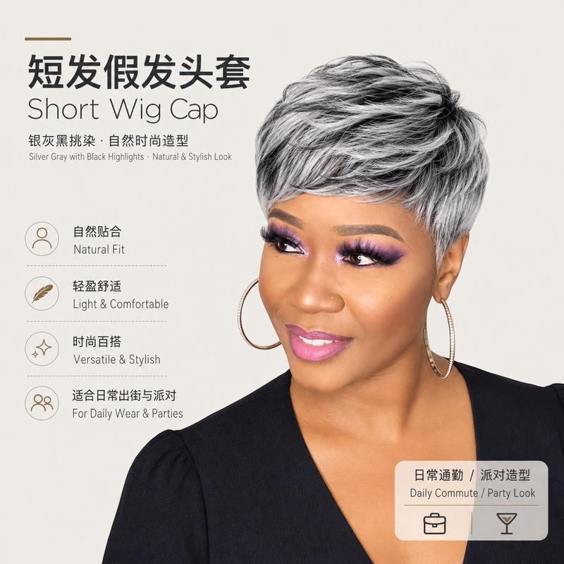 Cross-Border Hot-Selling European and American Short Hair with Black and White Highlights, Gradient Color, and Side Bangs, High-Temperature Synthetic Wig Cross-Border Hot-Selling European and American Short Hair with Black and White Highlights, Gradient Color, and Side Bangs, High-Temperature Synthetic Wig