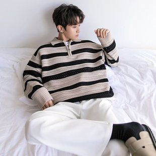 American niche lazy striped design top loose men's retro sweater boys youth casual jacket