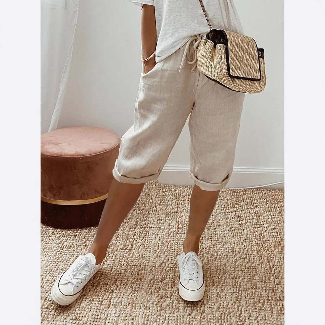 2025 European and American Cross-Border Amazon Independent Station Women's Cotton and Linen Pocket Elastic Casual Pants Women's Pants Five-Point Pants