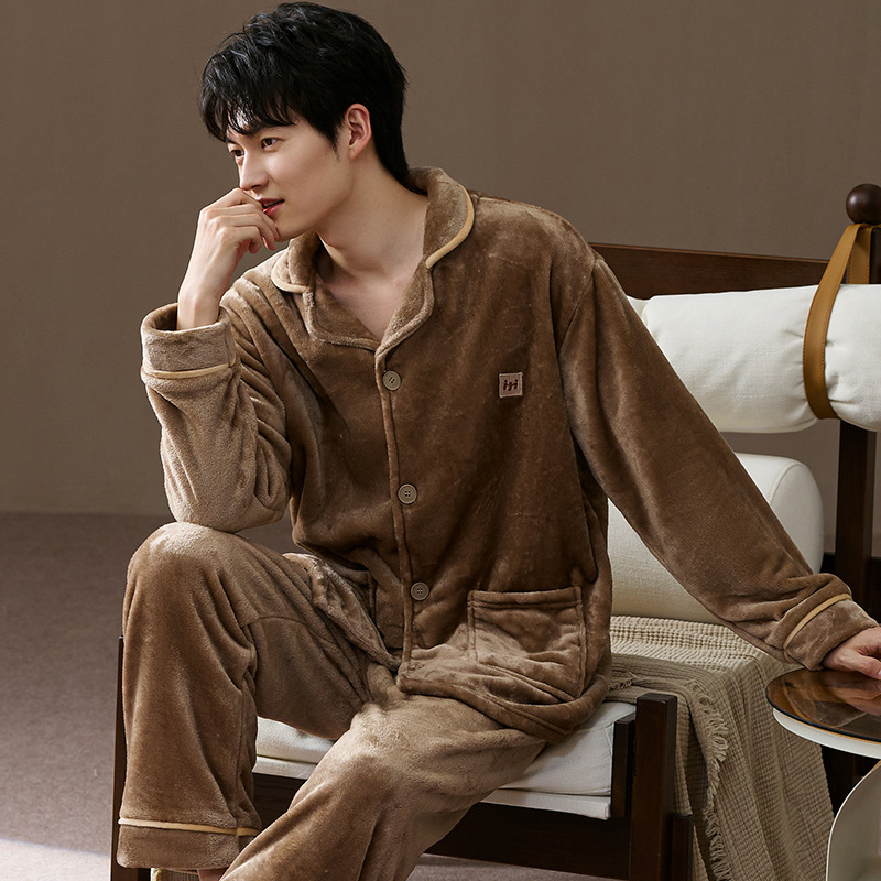 Flannel Pajamas for Men 2025 New Autumn and Winter Fleece-Lined Thickeneded Warm Simple Fashionable Lapel Home Clothes