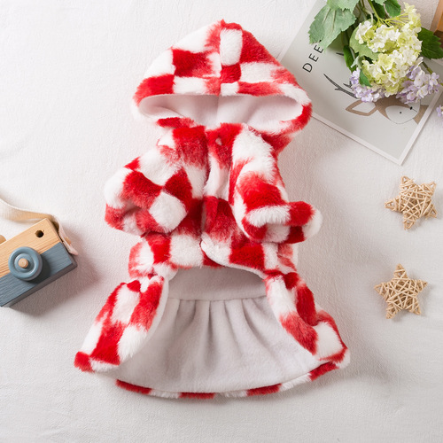 Pet Dog and Cat Autumn/Winter New Year Christmas Dog Dress Checkered Black and Red Plaid Skirt Teddy and Bichon Clothes