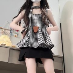 韓国チェック柄ベストリボントップ+黒のスカート女の子のファッショナブルな気質痩身クールな着用2点セット