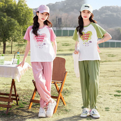 2024年新品夏天短袖運動風兩件套童套裝肩膀漸變套頭衫一件代發