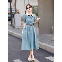 2025年夏季新款爆款裙子复古短袖高级感修身显瘦牛仔连衣裙女