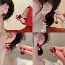S925银针红色复古港风耳环女时尚气质百搭耳钉小众设计高级感耳饰