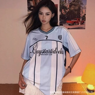 源头美式复古条纹运动blokecore球衣男女宽松插肩袖宽松夏短袖T恤