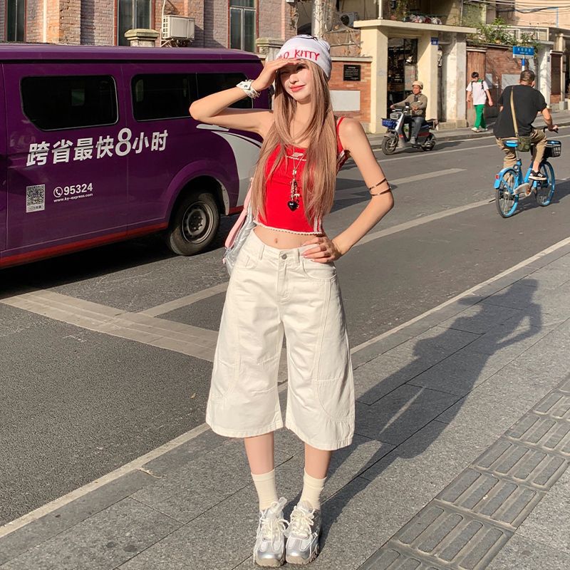 American Design White Scimitar Five-Point Jeans for Women Summer Loose Straight Wide-Leg Sickle Pants