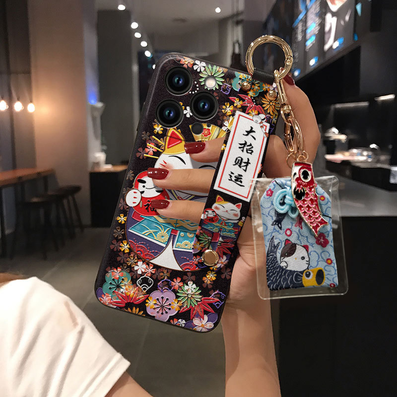 Lucid Cat Mobile Phone Case for Apple 15Pro 14Pro Max Chinese Style 13 Wristband 12 Female 11 Protective Case