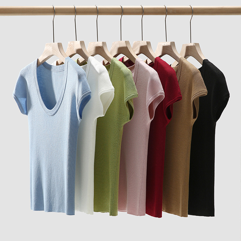 9.4% Triacetate + 23.9% Lyocell Tencel U-Neck Shoulder Sleeve T-Shirt Women's New Summer Style Top