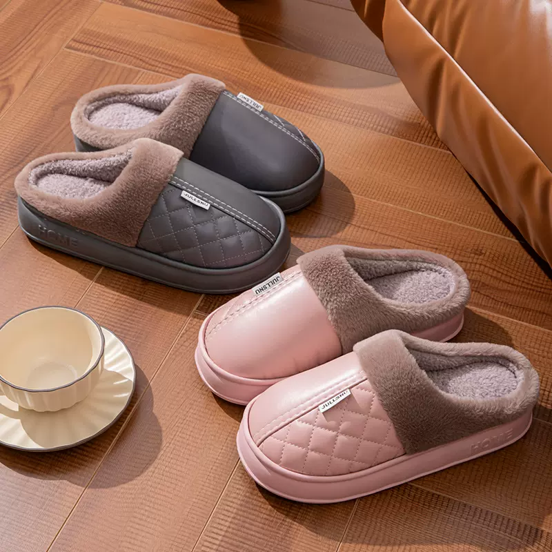 老人棉拖鞋男士冬季PU防水居家用室内防滑保暖老年人大码拖鞋女