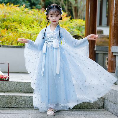 Blue hanfu girls children Chinese ancient folk costume Chinese wind improved wide sleeve show super fairy chinese princess cosplay dresses for kids