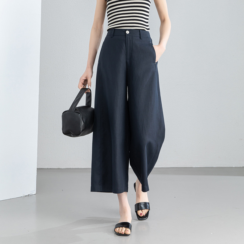 Yifei Women's Summer Pants, Eight-Point Wide-Leg Pants, Slimming Straight-Leg Pants, Lightweight Breathable Casual Pants, Tencel Linen, Simple Design