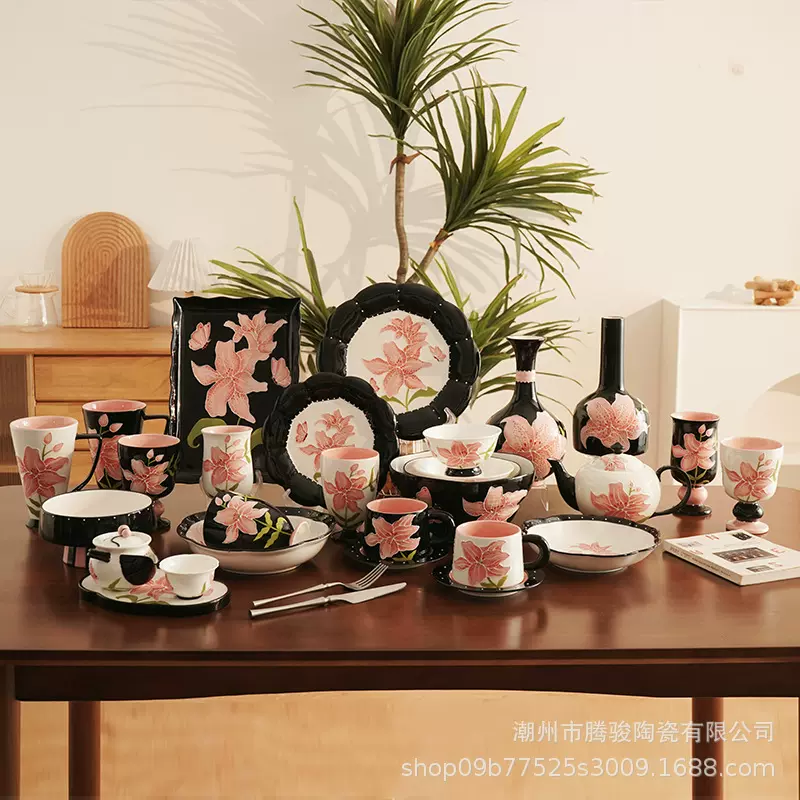 【BLACK-PINK】百合花家用米饭碗2024新款碗盘套装高颜值碗碟套装
