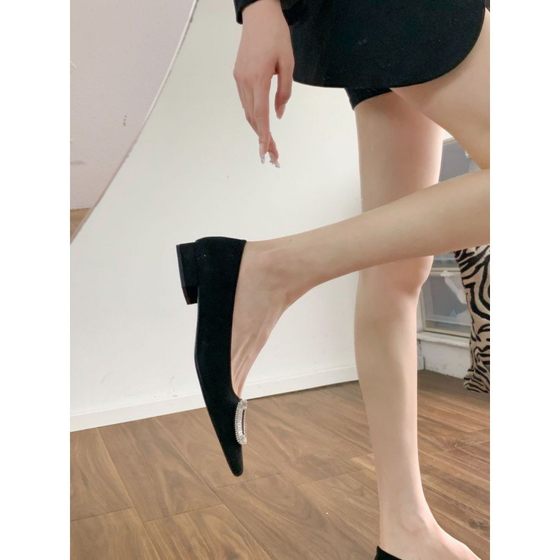 Etiquette Low Heels Women's Soft Bottom Comfortable French Pointed Black Suede Commuter Mary Jane Women's Shoes